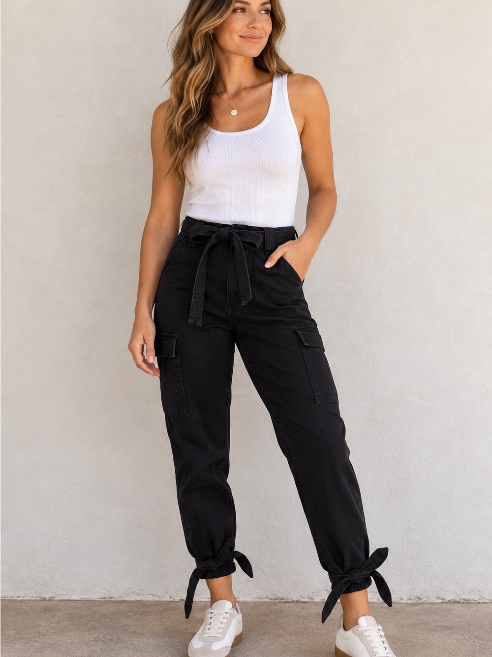 Almost Famous Black Tie-Ankle Cargo Joggers